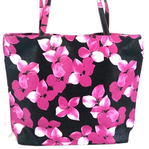 Handbags - Vegan Leather Pink and Black Floral Beach Picnic Tote Bag with top clasp   NEW